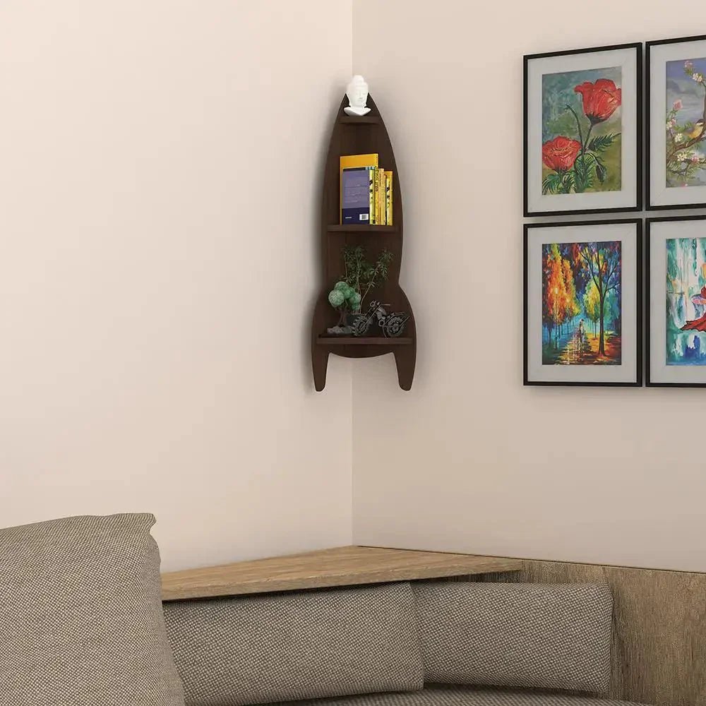 Rocket Shape Wood Corner Wall Shelf / Book Shelf,Walnut Finish - All India Decor