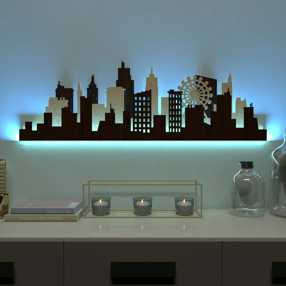 London City Backlit Wall Art / Night Light, Walnut or Oak Finish - All India Decor