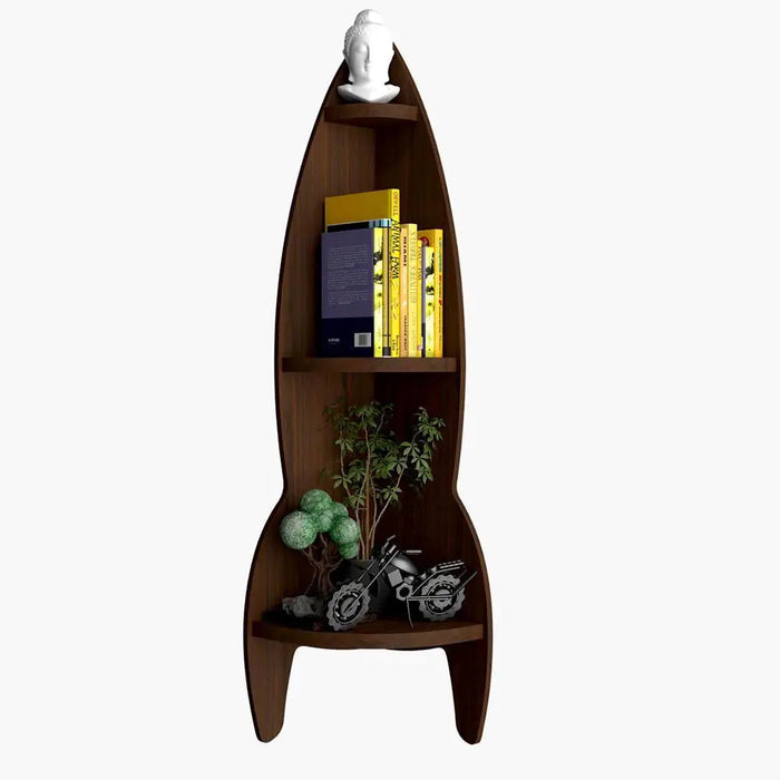 Rocket Shape Wood Corner Wall Shelf / Book Shelf,Walnut Finish