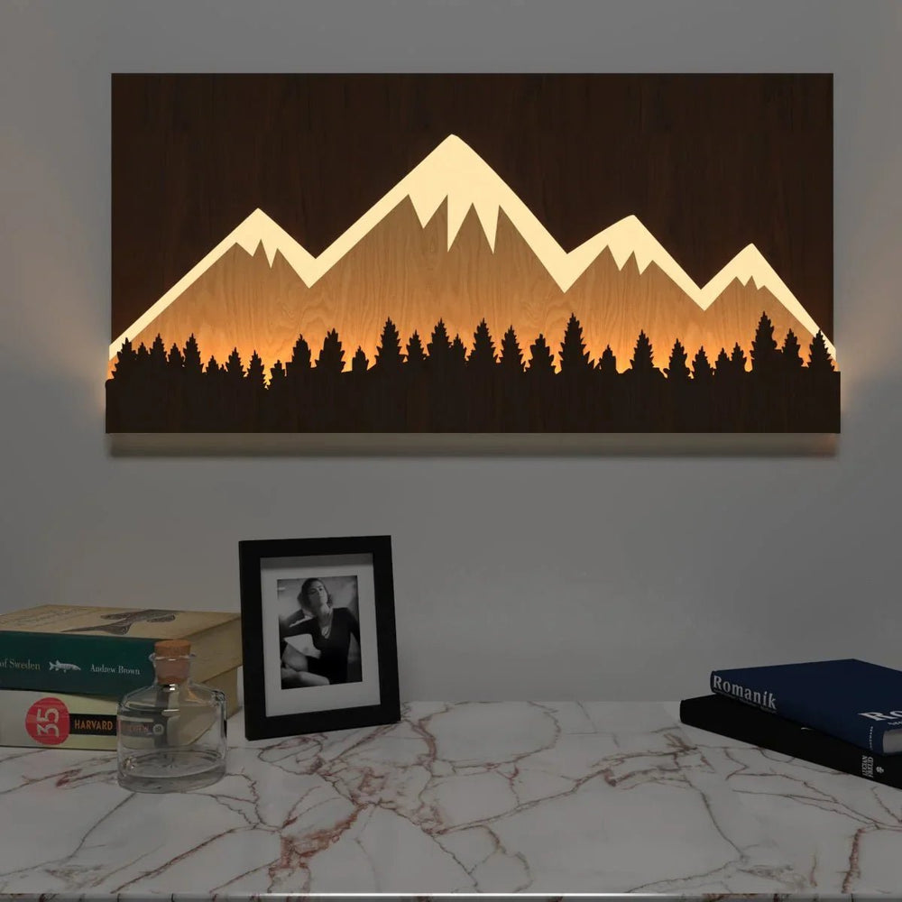 Snow - capped Mountain Backlit Wall Art / Night Light, Walnut or Oak Finish - All India Decor