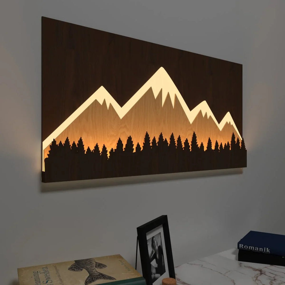 Snow - capped Mountain Backlit Wall Art / Night Light, Walnut or Oak Finish - All India Decor
