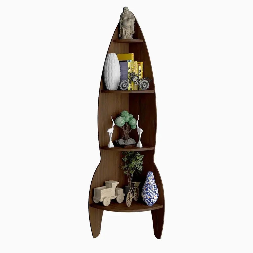 Rocket Shape Wood Corner Wall Shelf Large Size / Book Shelf,Walnut Finish - All India Decor