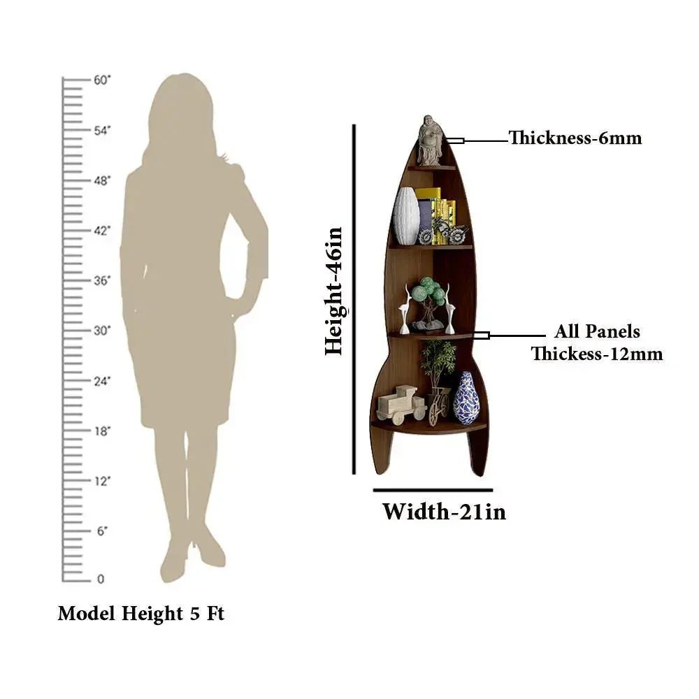 Rocket Shape Wood Corner Wall Shelf Large Size / Book Shelf,Walnut Finish - All India Decor