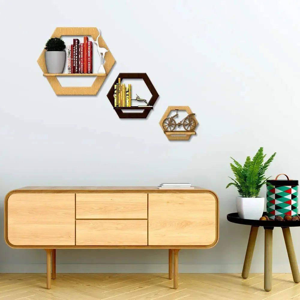 Hexagon Shape Wood Wall Shelf / Book Shelf,Walnut and Oak Finish - All India Decor