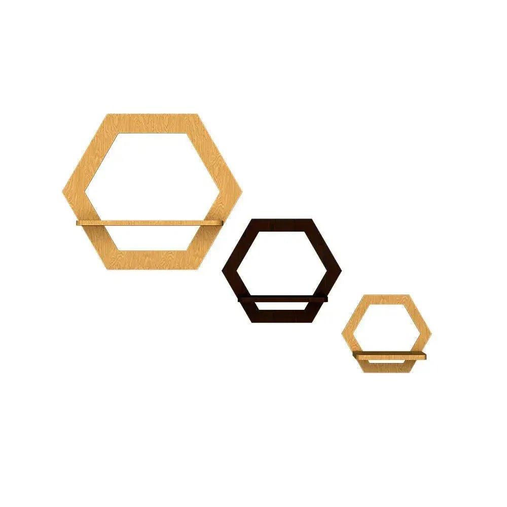 Hexagon Shape Wood Wall Shelf / Book Shelf,Walnut and Oak Finish - All India Decor