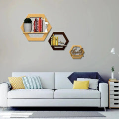 Hexagon Shape Wood Wall Shelf / Book Shelf,Walnut and Oak Finish - All India Decor
