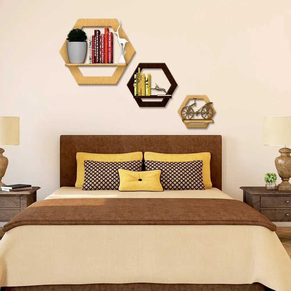 Hexagon Shape Wood Wall Shelf / Book Shelf,Walnut and Oak Finish - All India Decor