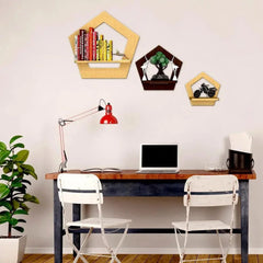 Pentagon Shape Wood Wall Shelf / Book Shelf,Walnut and Oak Finish - All India Decor