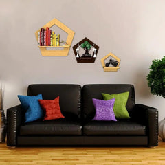 Pentagon Shape Wood Wall Shelf / Book Shelf,Walnut and Oak Finish - All India Decor