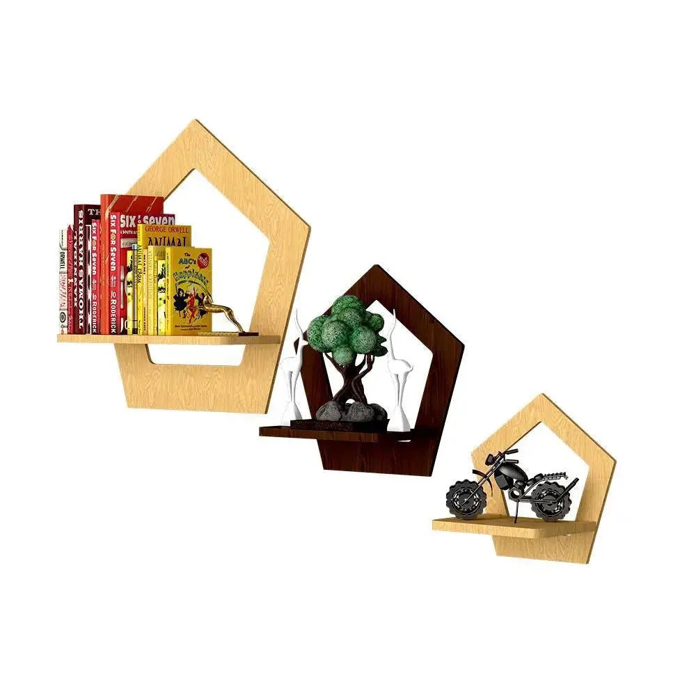 Pentagon Shape Wood Wall Shelf / Book Shelf,Walnut and Oak Finish - All India Decor