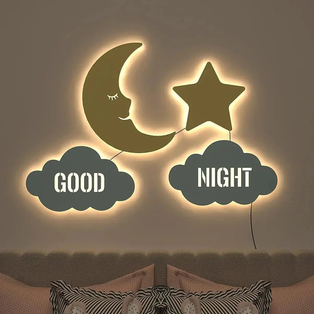 Good Night Moon & Star Backlit Wooden Wall Décor - All India Decor