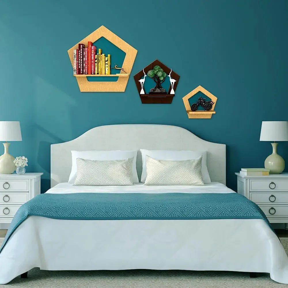 Pentagon Shape Wood Wall Shelf / Book Shelf,Walnut and Oak Finish - All India Decor