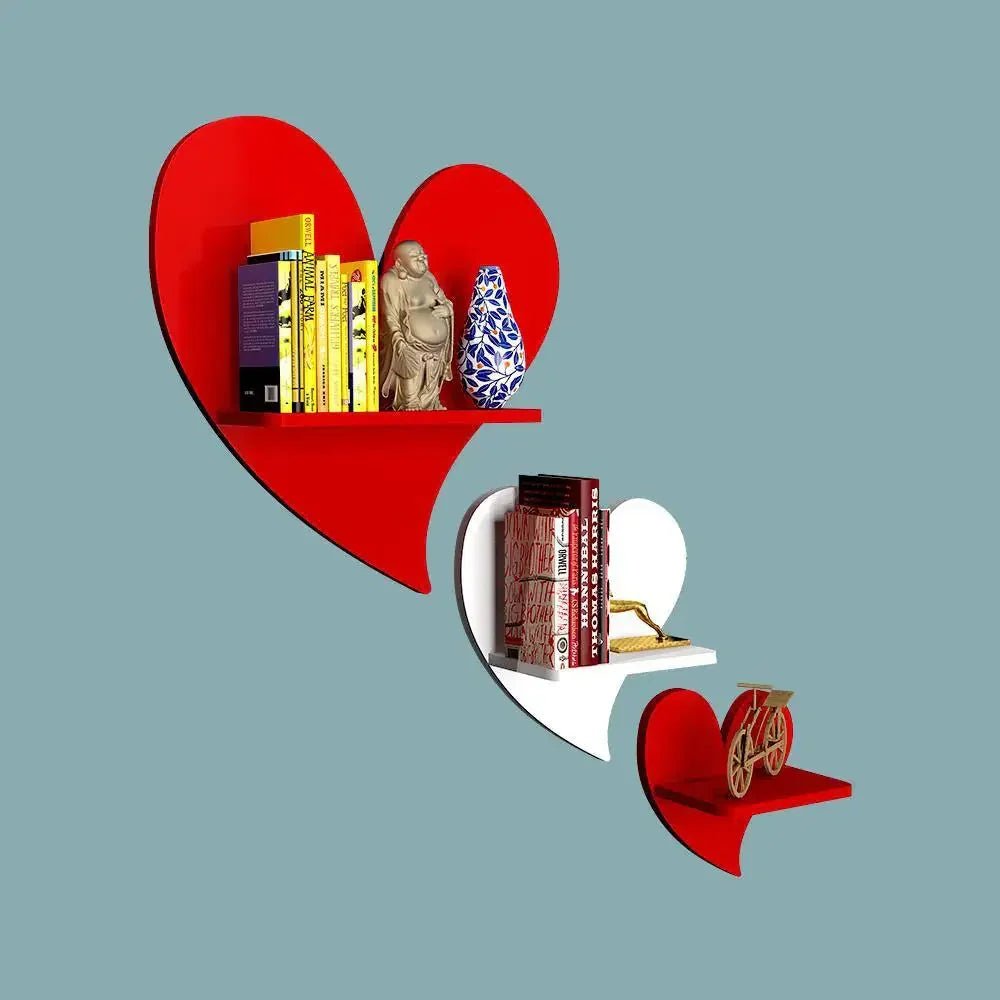 Heart Shape Wood Wall Shelf / Book Shelf, Red and White Color - All India Decor