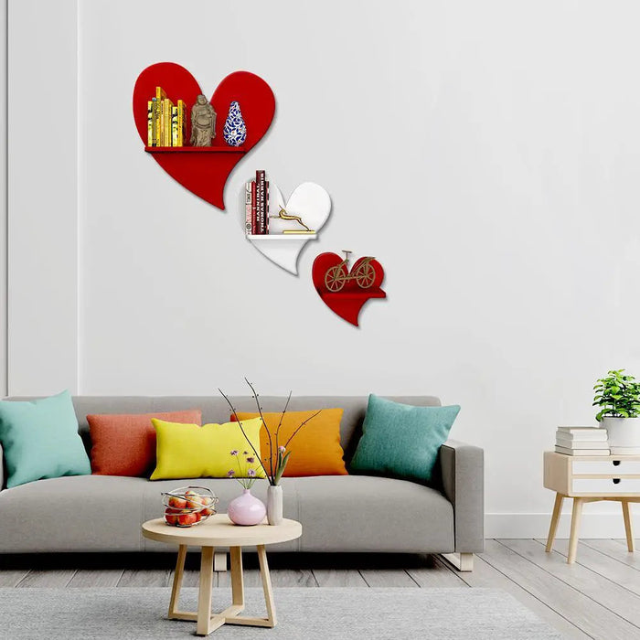 Heart Shape Wood Wall Shelf / Book Shelf, Red and White Color