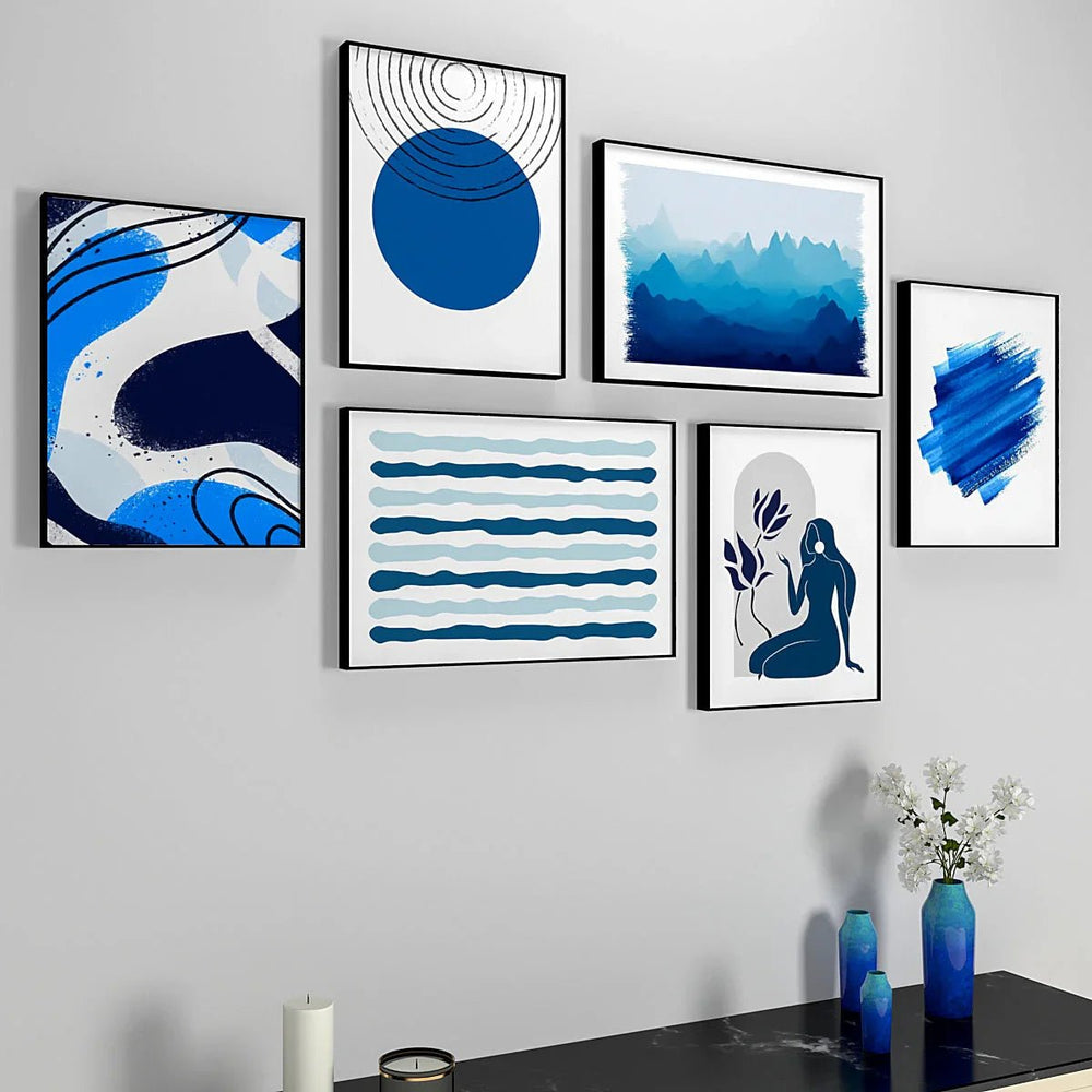 Shades Of Blue Abstract Frames Set Of 6 - All India Decor