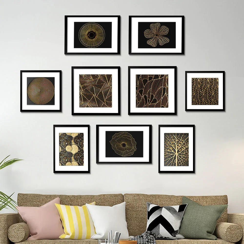 Contemporary Art Golden Framed Wall Art Set of 9 - All India Decor