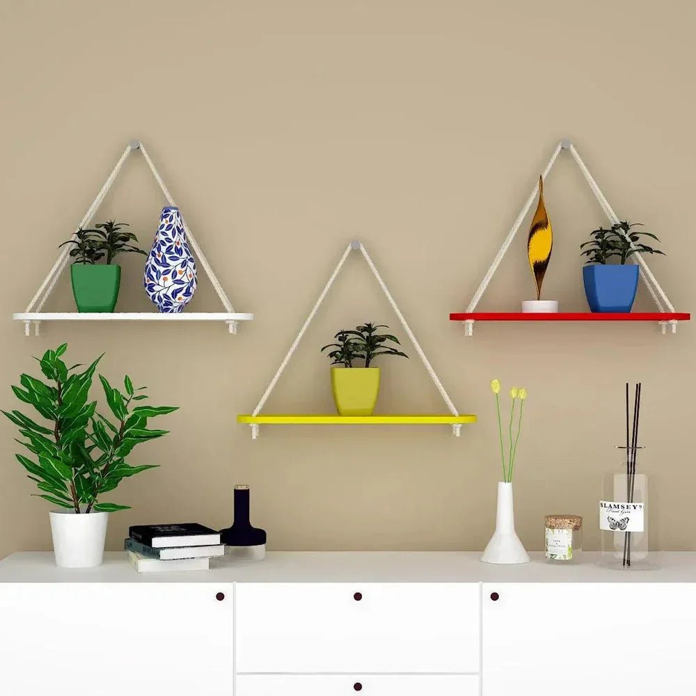 Wooden Wall Hanging Planter Shelf with Rope (Multicolor, Set of 3) - All India Decor