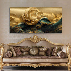 Modern Golden Flower and Waves Canvas Wall Painting - All India Decor