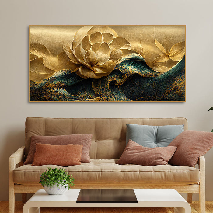 Modern Golden Flower and Waves Canvas Wall Painting