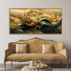 Modern Golden Flower and Waves Canvas Wall Painting - All India Decor