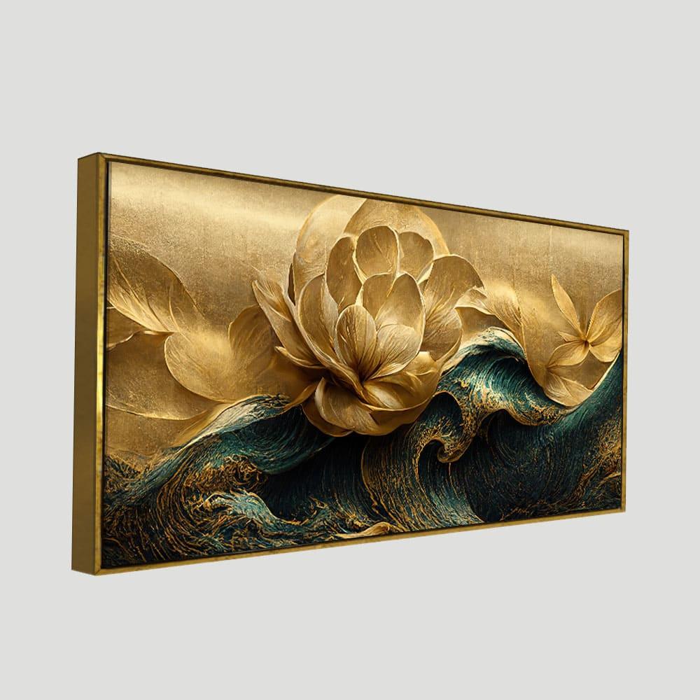 Modern Golden Flower and Waves Canvas Wall Painting - All India Decor