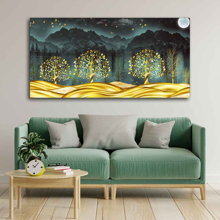 Wall Painting of Golden Trees in Dark Forest