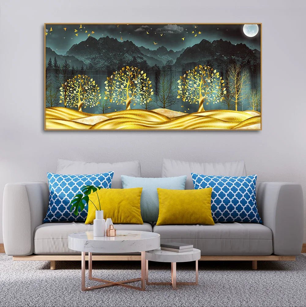 Wall Painting of Golden Trees in Dark Forest - All India Decor