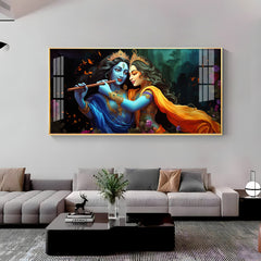 Radha Krishna Playing Bansuri Premium Acrylic Horizontal Wall Art