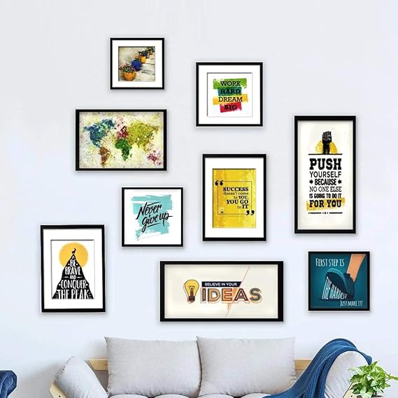 World Map and Quote Plastic Wall Frame Photo Collage Set of 9