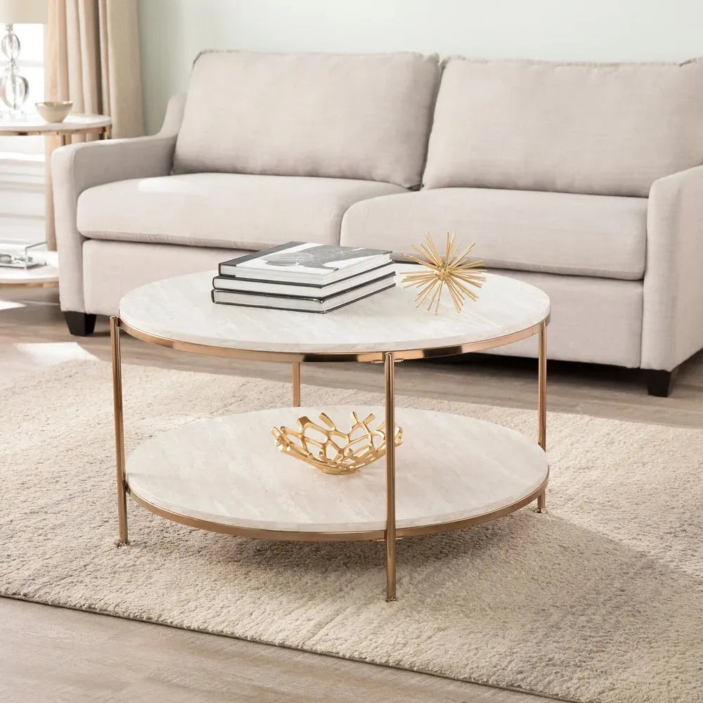 Round Metal Coffee Table In Shiny Rose Gold Edge