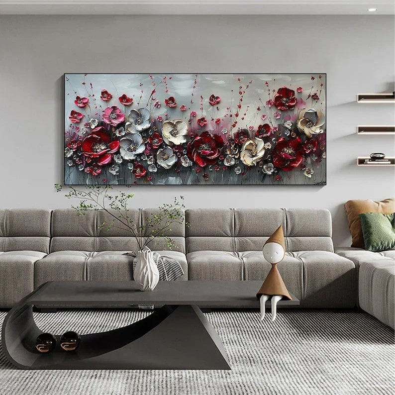 Large Abstract Flower Landscape Painting on Canvas Wall Art, Texture Wall Art,original Red Floral Wall Art Modern Wall Decor for Bedroom Online - All India Decor