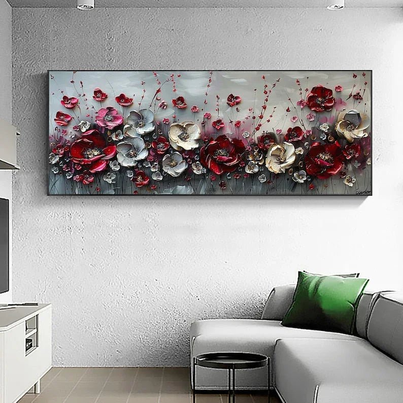 Large Abstract Flower Landscape Painting on Canvas Wall Art, Texture Wall Art,original Red Floral Wall Art Modern Wall Decor for Bedroom Online - All India Decor