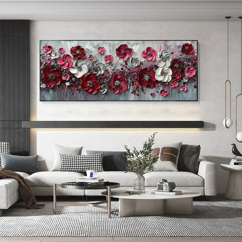 Abstract Red Flower Landscape Painting on Canvas, Extra Large Wall Art Original Texture Floral Wall Art Retro Wall Art Living Room Decor Online - All India Decor