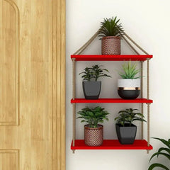 Planter Shelf Wooden Wall Hanging with Rope (Red Color) - All India Decor