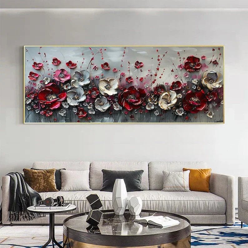 Large Abstract Flower Landscape Painting on Canvas Wall Art, Texture Wall Art,original Red Floral Wall Art Modern Wall Decor for Bedroom Online - All India Decor