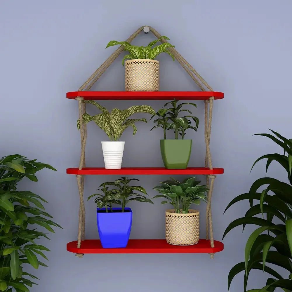 Wooden Wall Hanging Planter Shelf, Cross Rope with Three Layer (Red Color) - All India Decor