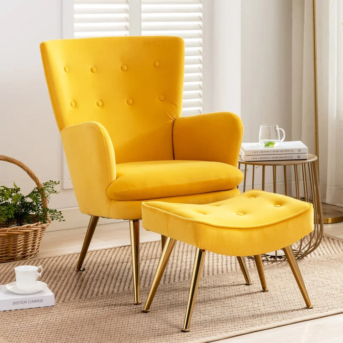 Tufted Long Back Yellow Lounge Chair With Ottoman