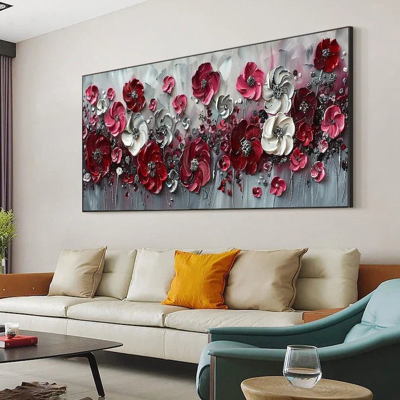 Abstract Red Flower Landscape Painting on Canvas, Extra Large Wall Art Original Texture Floral Wall Art Retro Wall Art Living Room Decor Online - All India Decor