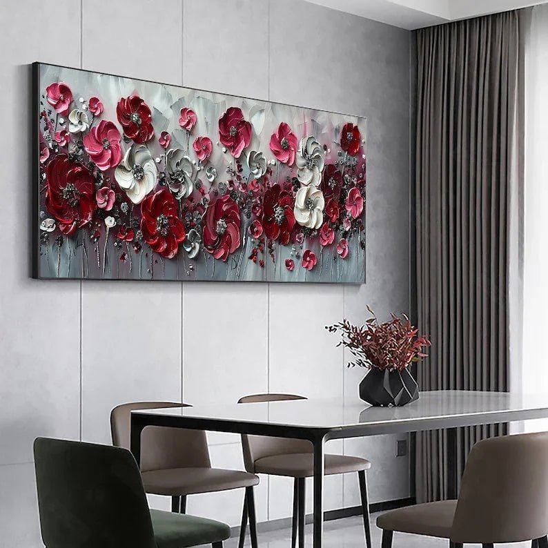 Abstract Red Flower Landscape Painting on Canvas, Extra Large Wall Art Original Texture Floral Wall Art Retro Wall Art Living Room Decor Online - All India Decor