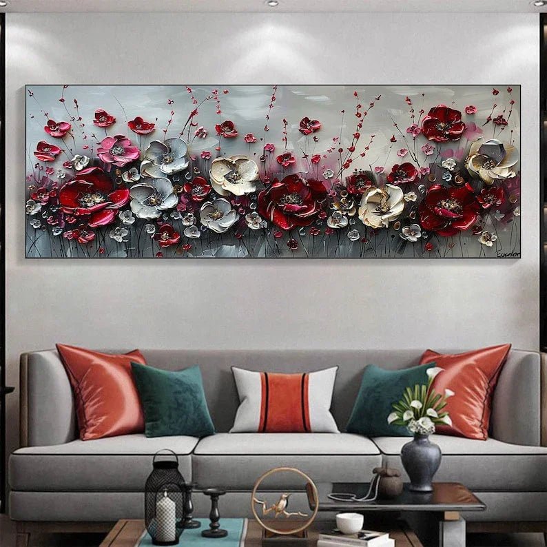 Large Abstract Flower Landscape Painting on Canvas Wall Art, Texture Wall Art,original Red Floral Wall Art Modern Wall Decor for Bedroom Online - All India Decor