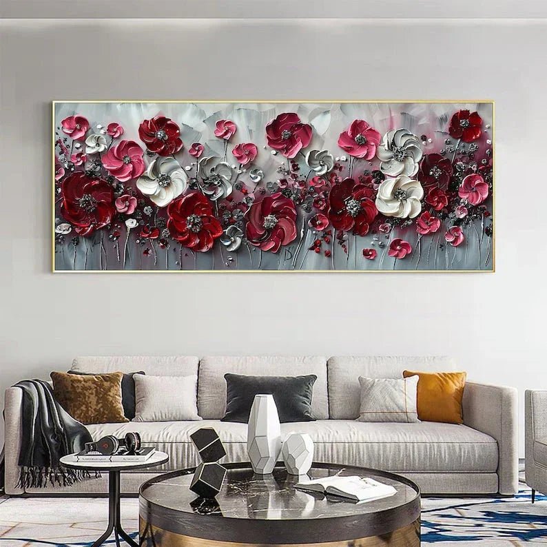 Abstract Red Flower Landscape Painting on Canvas, Extra Large Wall Art Original Texture Floral Wall Art Retro Wall Art Living Room Decor Online - All India Decor