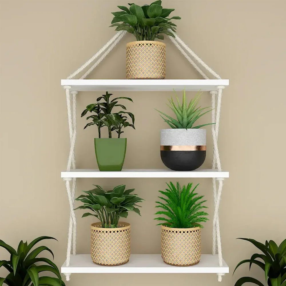 Cross Rope Wooden Wall Hanging Planter Shelf (White Color) - All India Decor