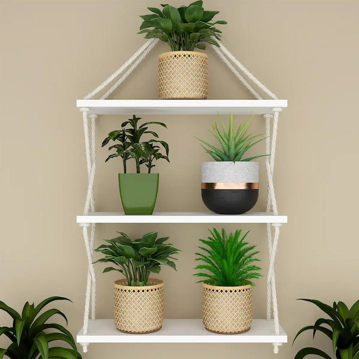 Cross Rope Wooden Wall Hanging Planter Shelf (White Color)