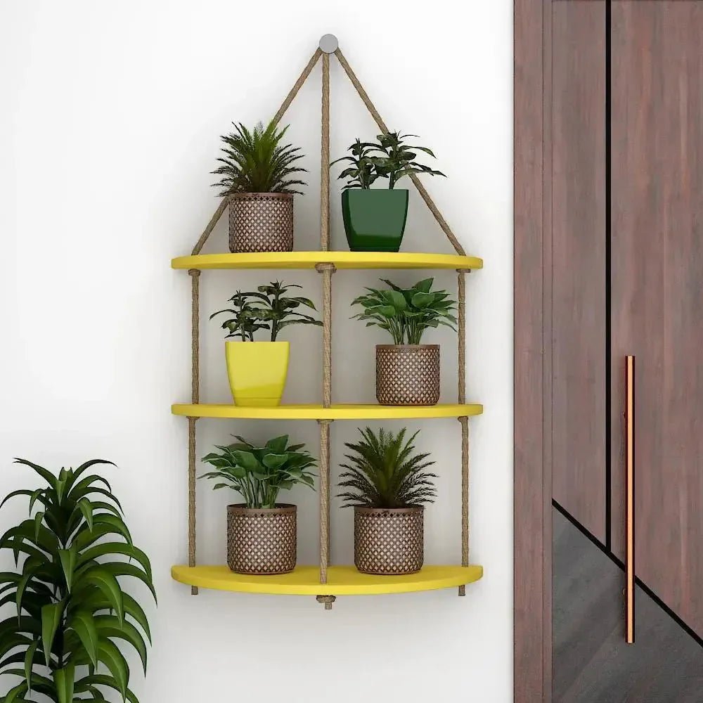 Wooden Wall Hanging Planter Shelf with Rope Three Layers(Yellow) - All India Decor