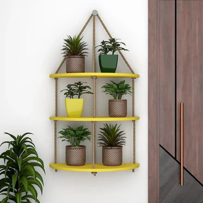 Wooden Wall Hanging Planter Shelf with Rope Three Layers(Yellow)