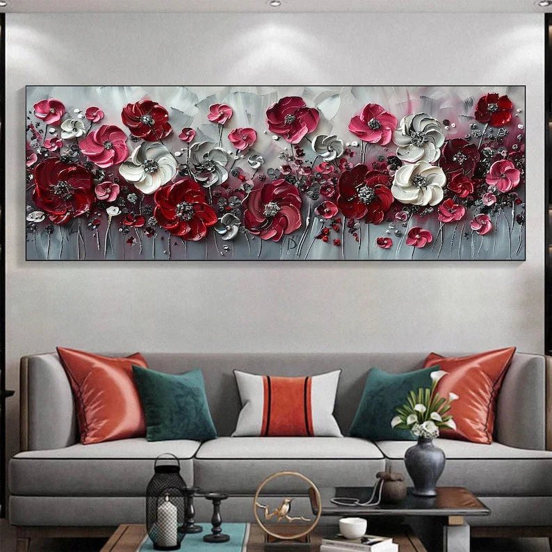 Abstract Red Flower Landscape Painting on Canvas, Extra Large Wall Art Original Texture Floral Wall Art Retro Wall Art Living Room Decor Online - All India Decor