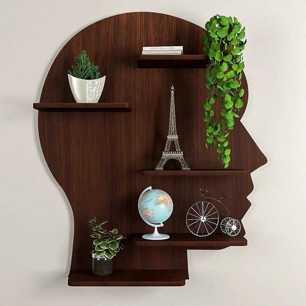 Man Backlit Wood Wall Shelf / Book Shelf, Walnut Finish - All India Decor