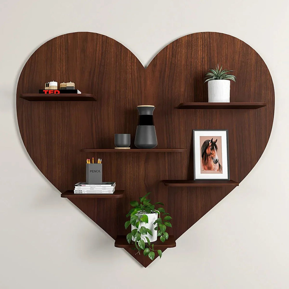 Heart Backlit Wood Wall Shelf / Book Shelf, Walnut Finish - All India Decor
