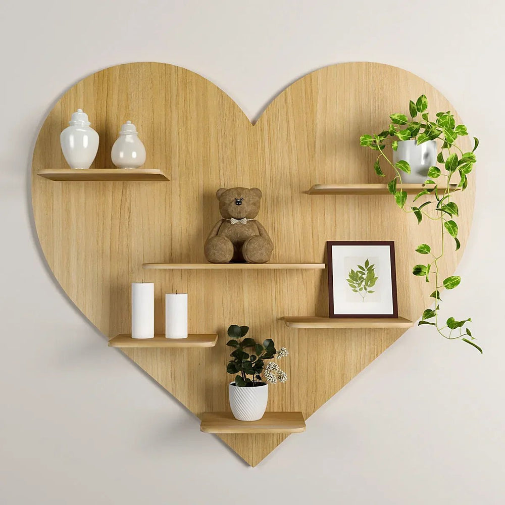 Heart Backlit Wood Wall Shelf / Book Shelf / Night Light, Light Oak Finish - All India Decor