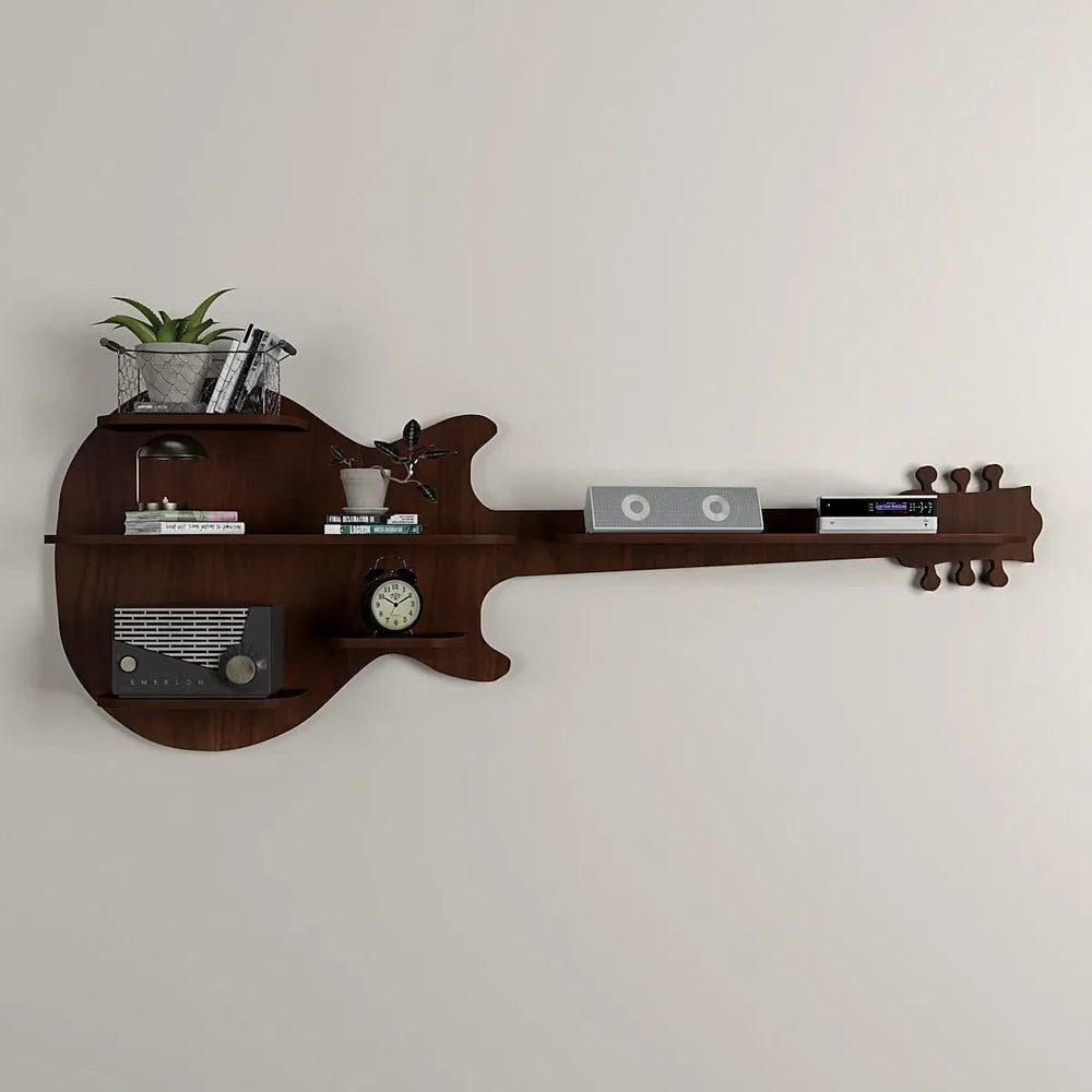 Guitar Backlit Wood Wall Shelf / Book Shelf / Night Light, Walnut Finish - All India Decor